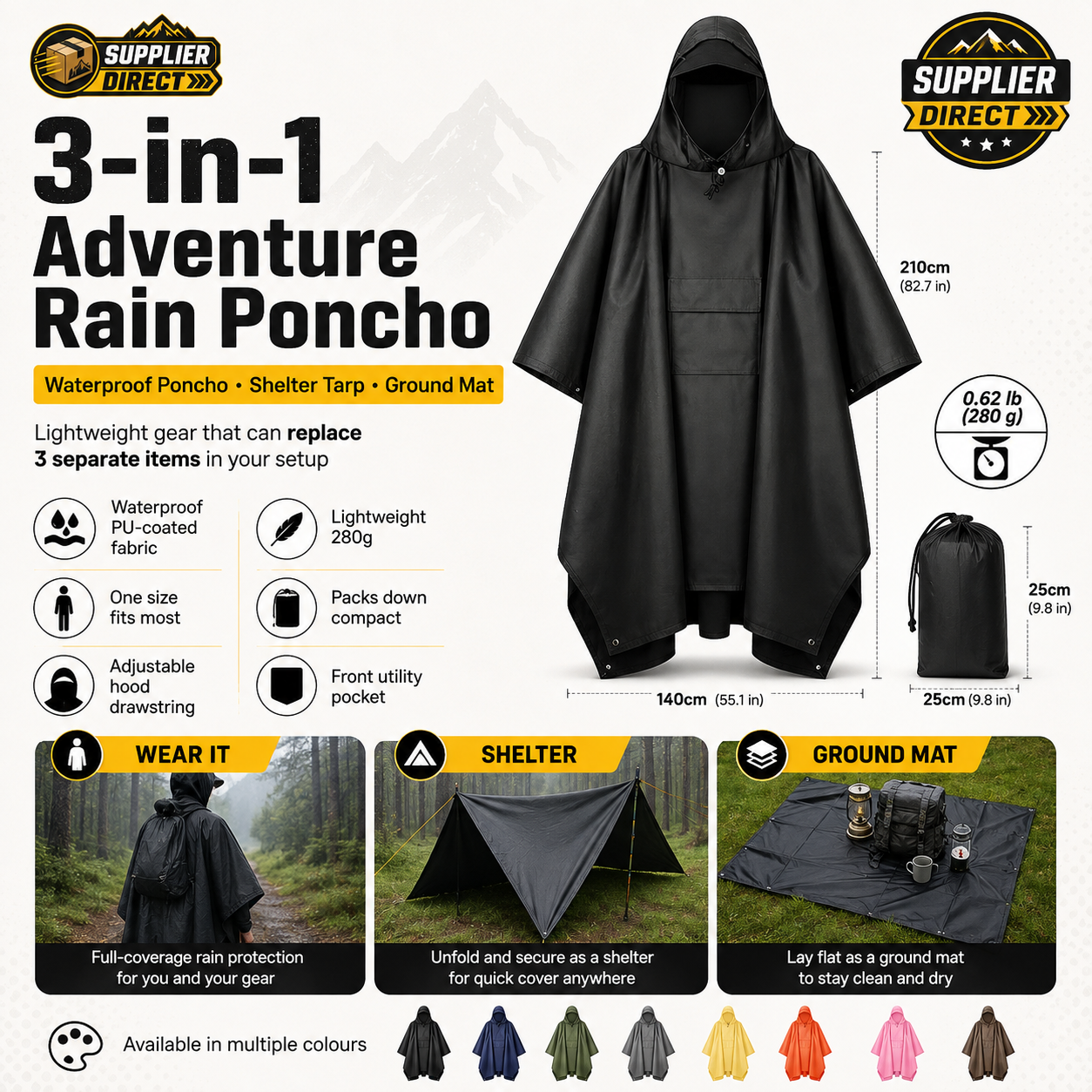 3-in-1 Adventure Rain Poncho – Waterproof Poncho, Emergency Shelter & Ground Mat