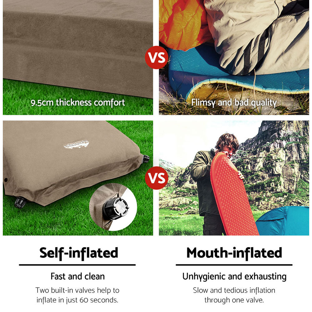 Weisshorn Self-Inflating Double Camping Mattress Set, 9.5 cm, Coffee