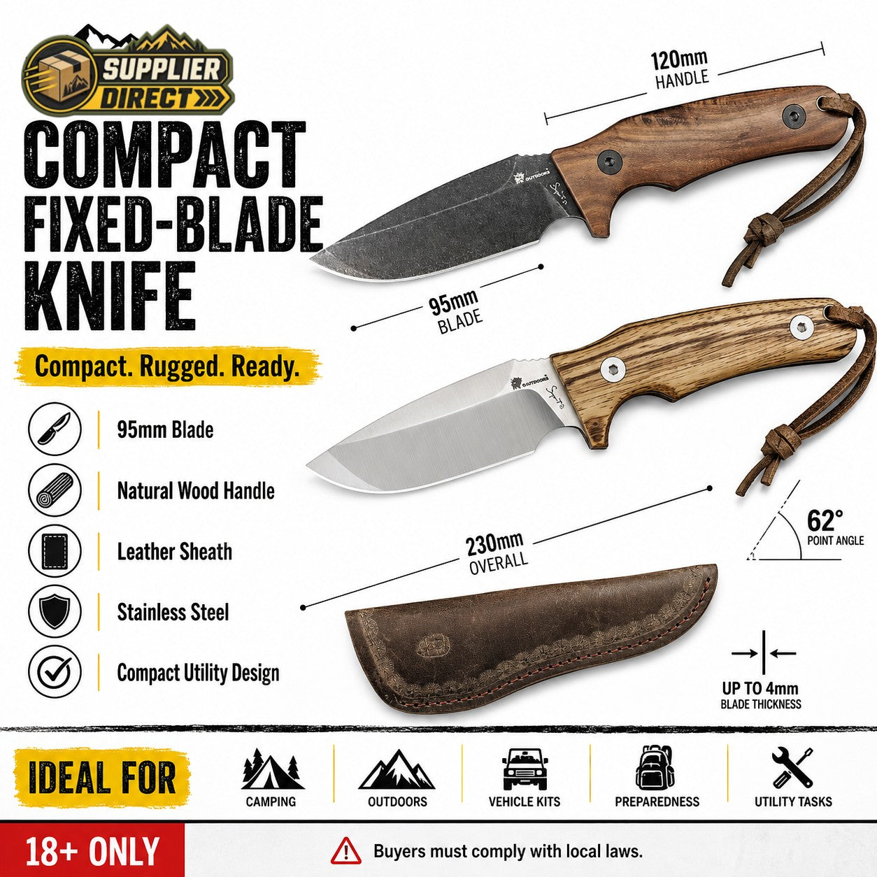 Compact Stainless Steel Fixed-Blade Outdoor Knife - Wood Handle Utility Design