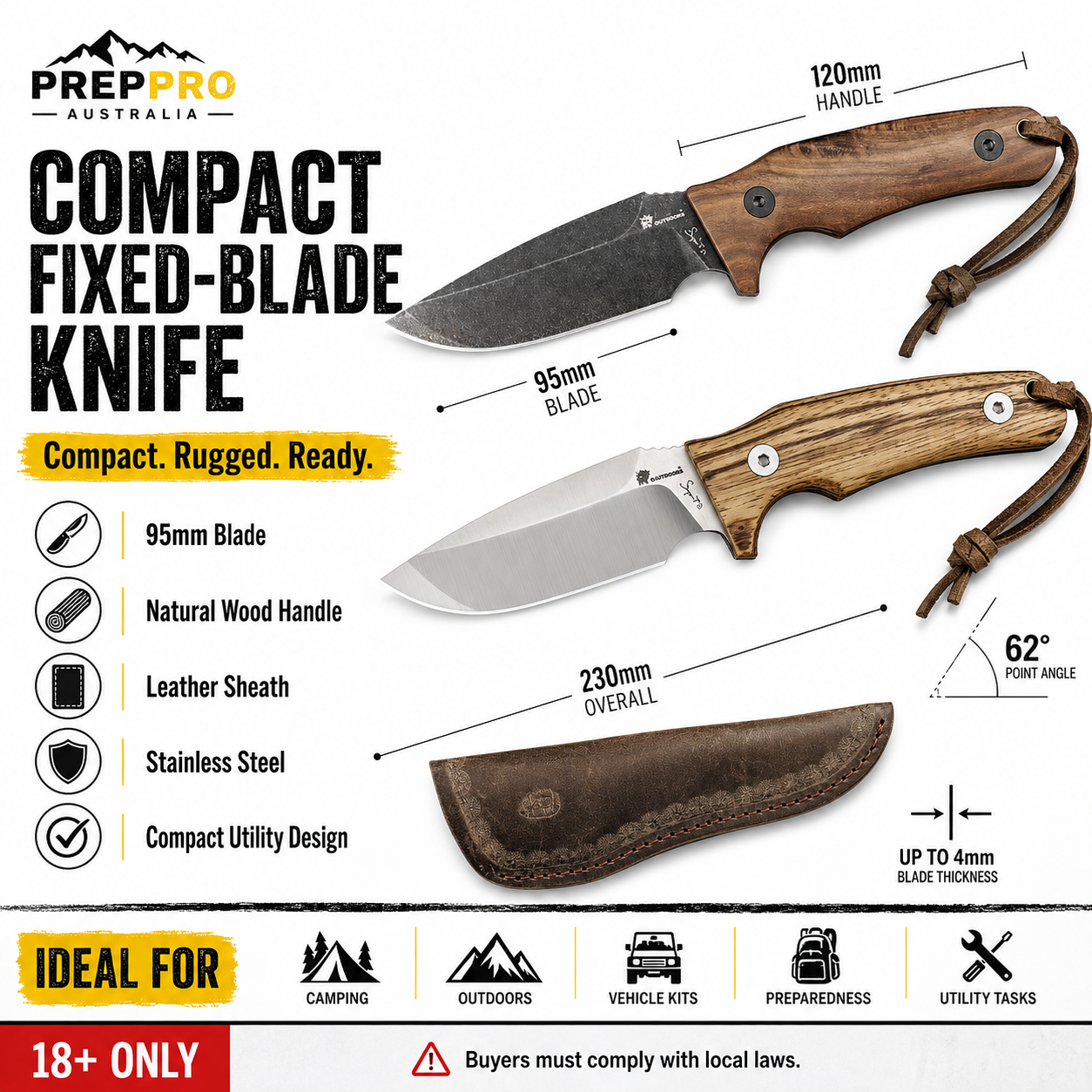 Compact Stainless Steel Fixed-Blade Outdoor Knife - Wood Handle Utility Design