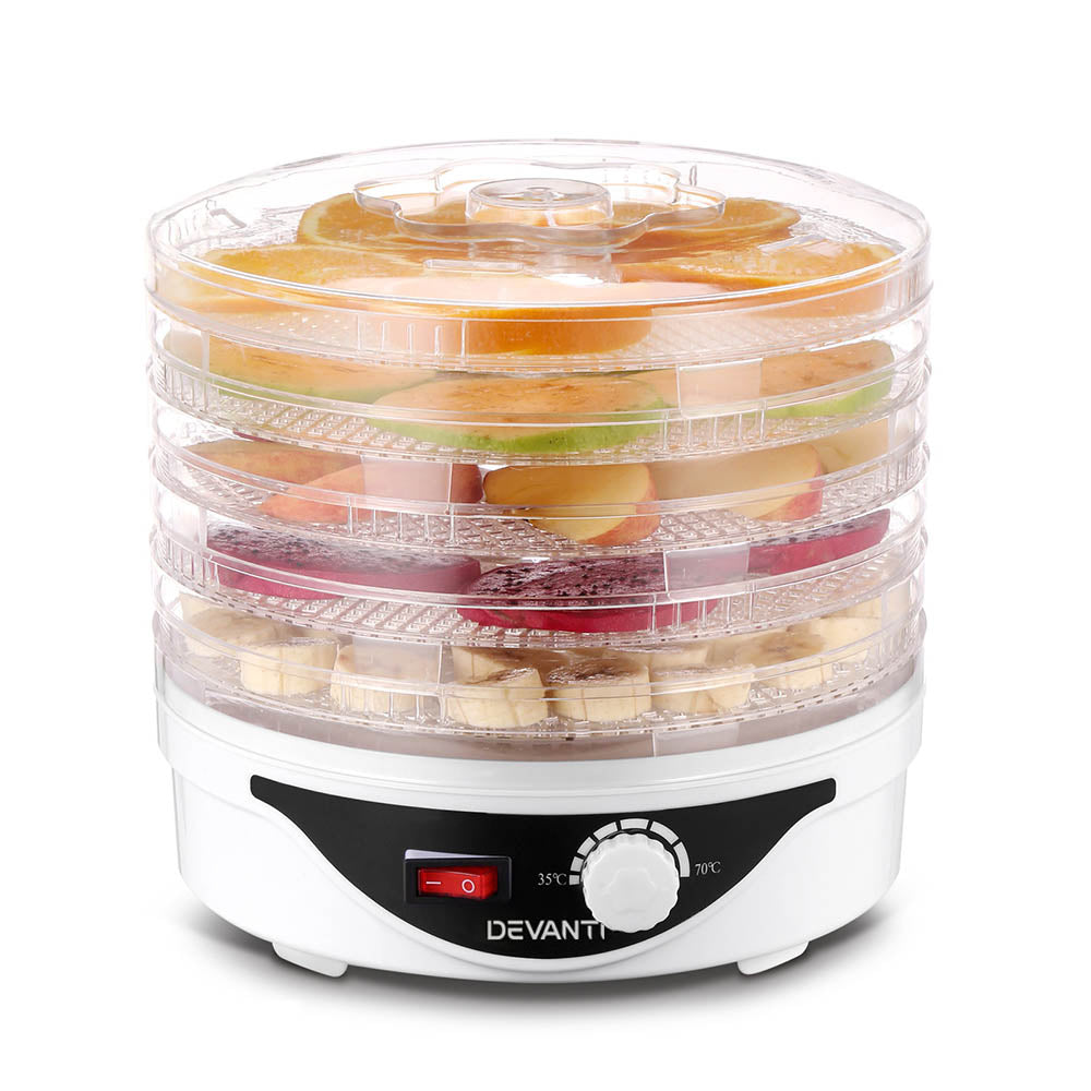 Devanti Food Dehydrator, 5 Adjustable Plastic Trays, 245W, White