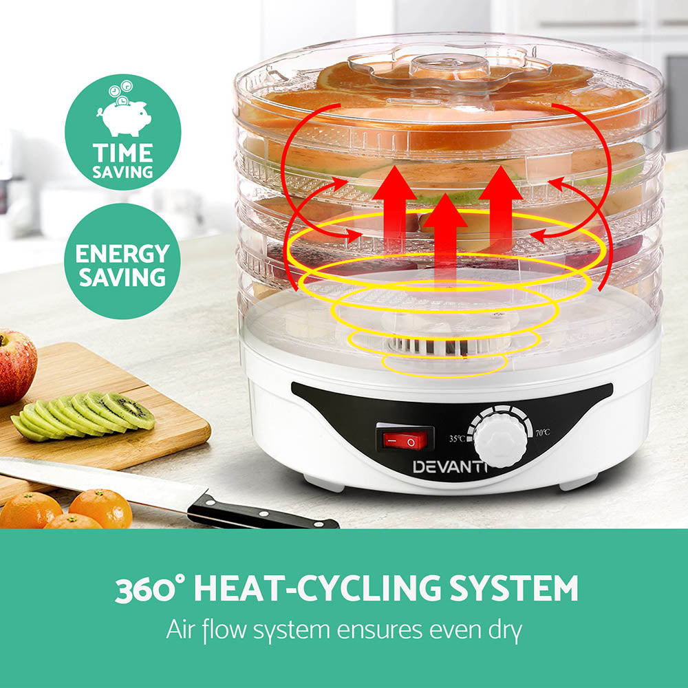 Devanti Food Dehydrator, 5 Adjustable Plastic Trays, 245W, White