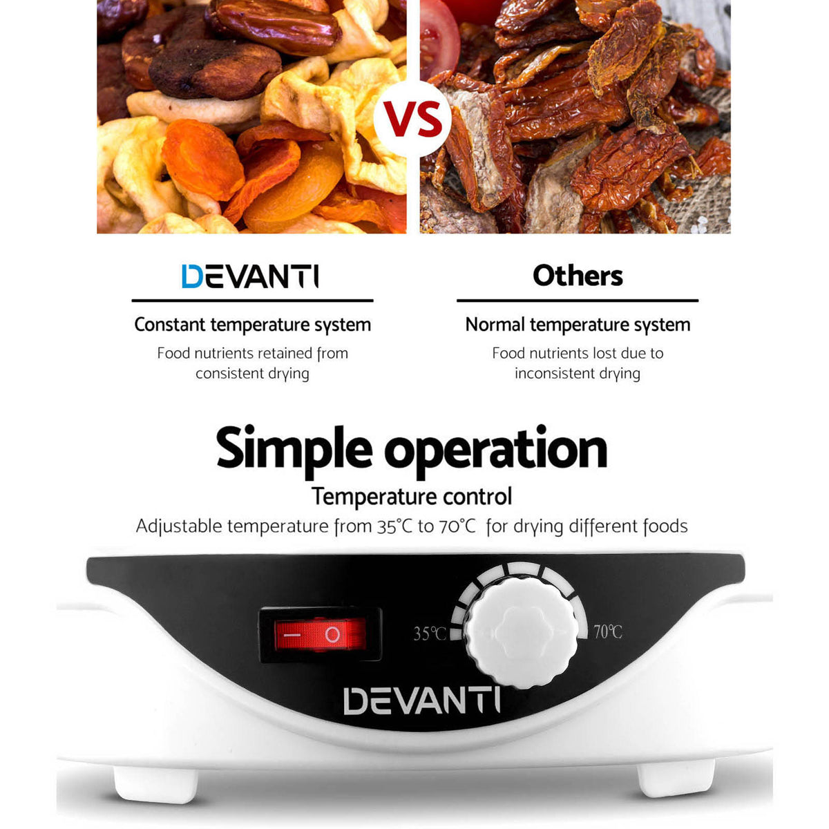 Devanti Food Dehydrator, 5 Adjustable Plastic Trays, 245W, White