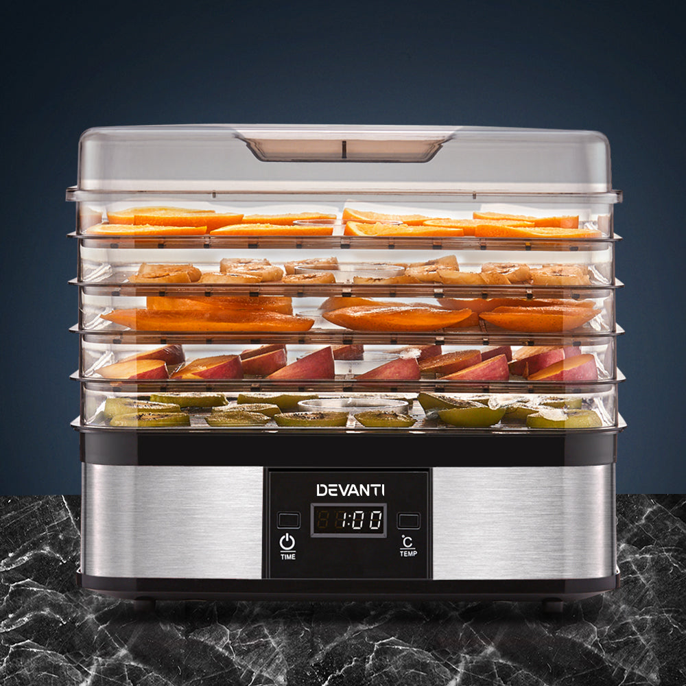 Devanti Food Dehydrator, 5 Stackable Trays, 245W, LCD Timer