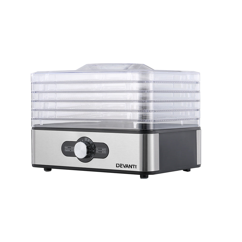 Devanti Food Dehydrator, 5 Stainless Trays, 240W, Knob Control, Silver