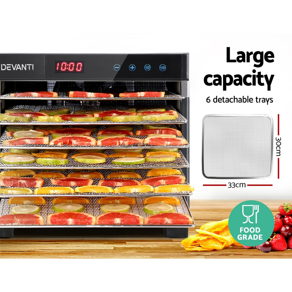 Devanti Food Dehydrator, 6 Stainless Trays, 500W, Stainless Steel Body