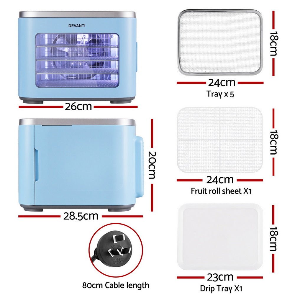 Devanti Compact Food Dehydrator, 5 Stainless Steel Trays, 500W, Blue