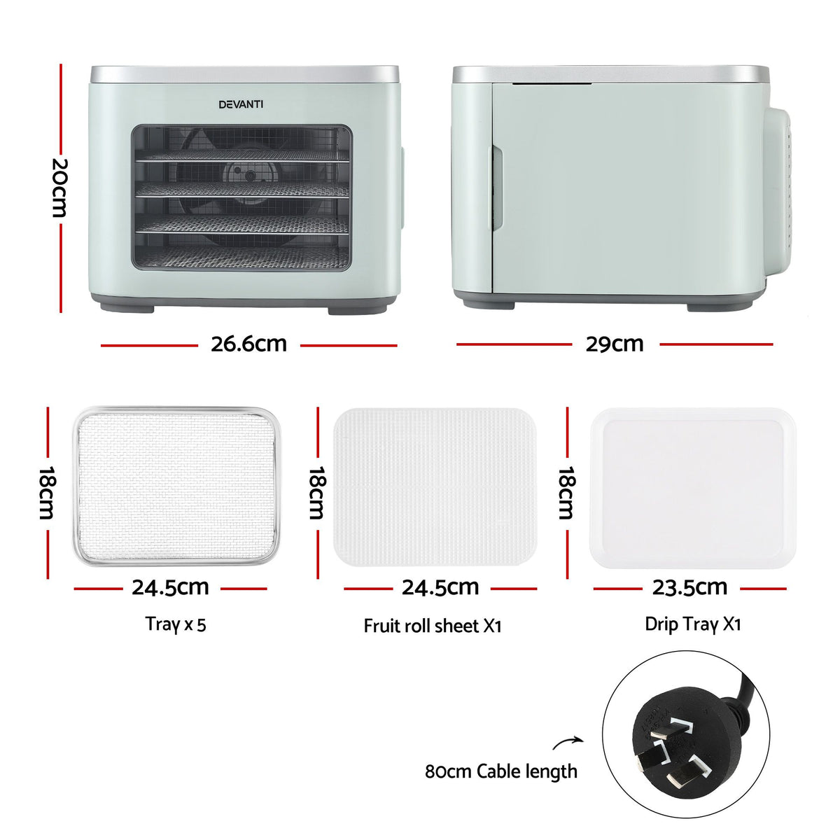 Devanti Compact Food Dehydrator, 5 Stainless Steel Trays, 500W, Green