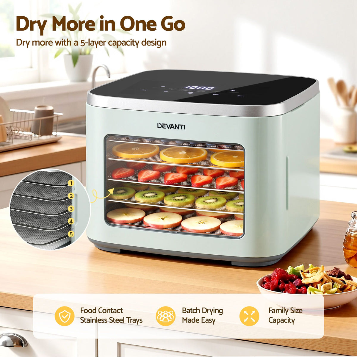 Devanti Compact Food Dehydrator, 5 Stainless Steel Trays, 500W, Green