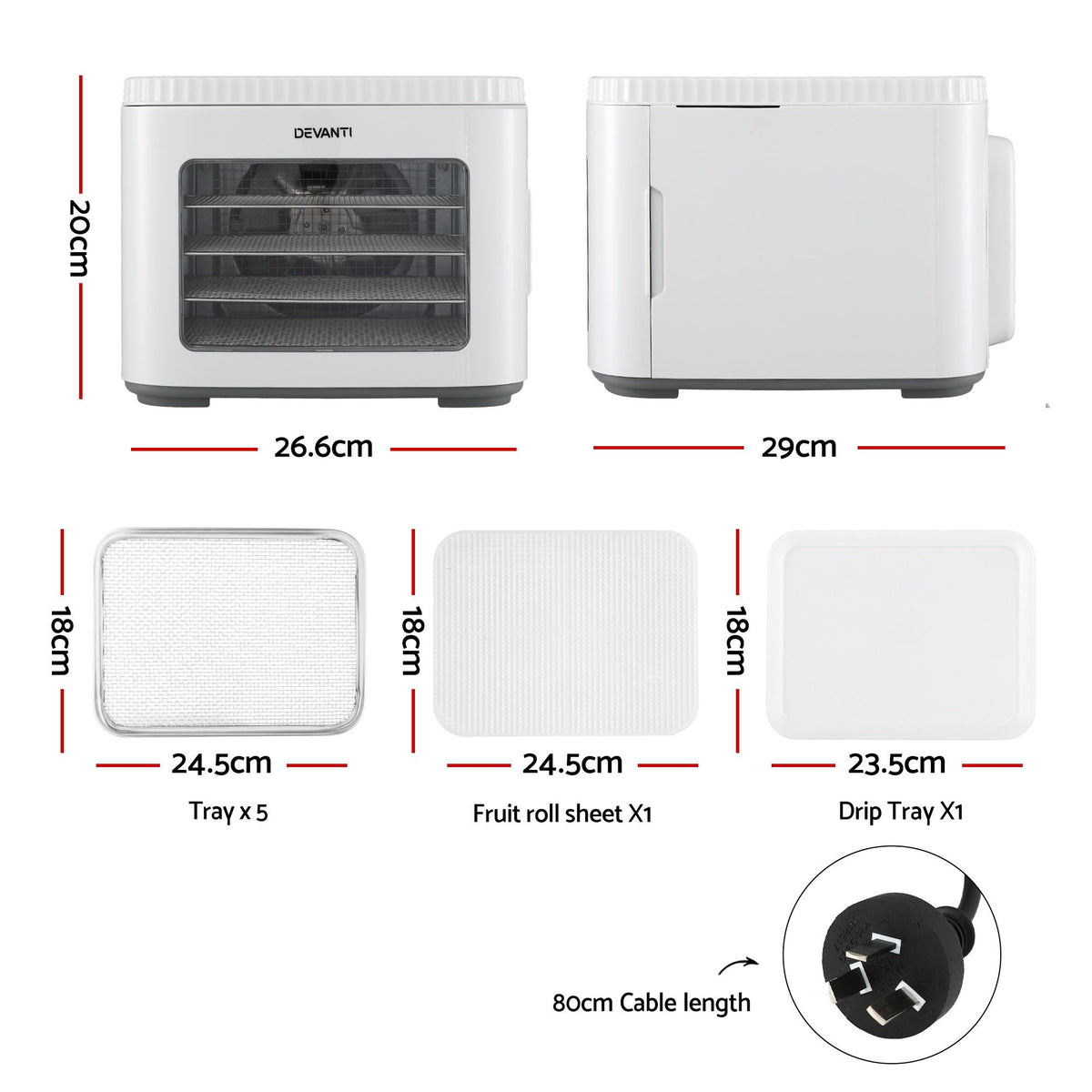 Devanti Compact Food Dehydrator, 5 Stainless Steel Trays, 500W, White