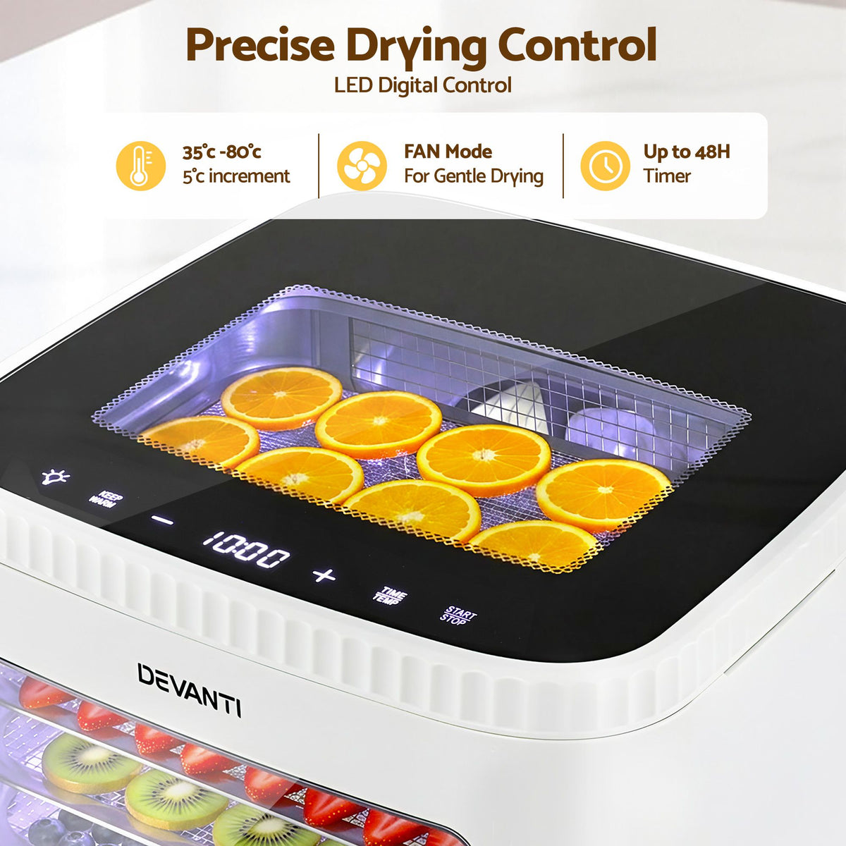 Devanti Compact Food Dehydrator, 5 Stainless Steel Trays, 500W, White