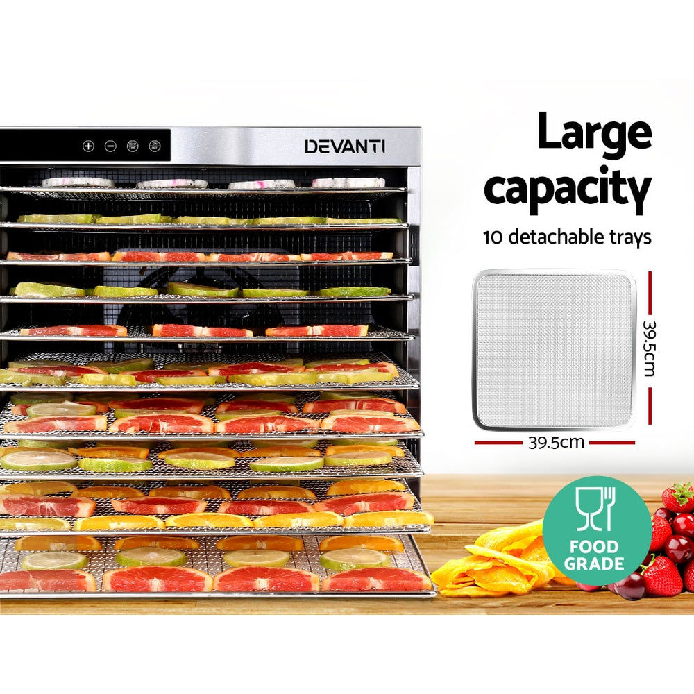 Devanti Food Dehydrator, 10 Large Stainless Trays, 1100W, Stainless Steel