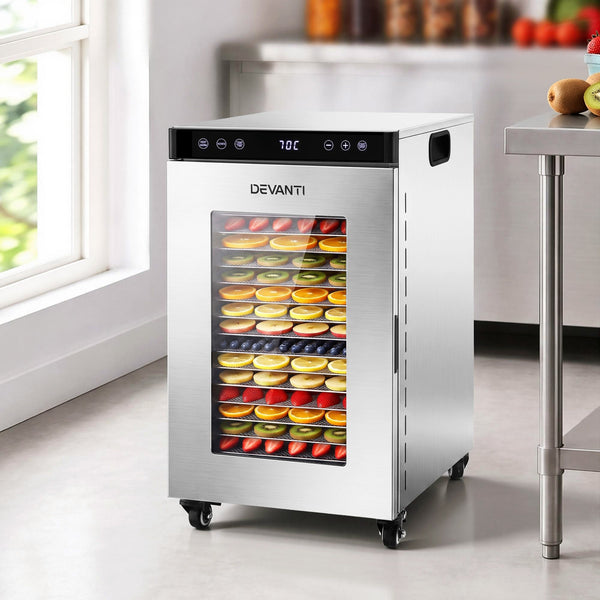Devanti Food Dehydrator, 16 Stainless Steel Trays, Rotating, 1010W, Silver