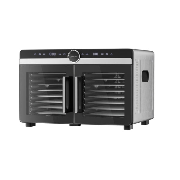 Devanti Dual-Zone Food Dehydrator, 16 Stainless Steel Trays, 1400W, Glass Door