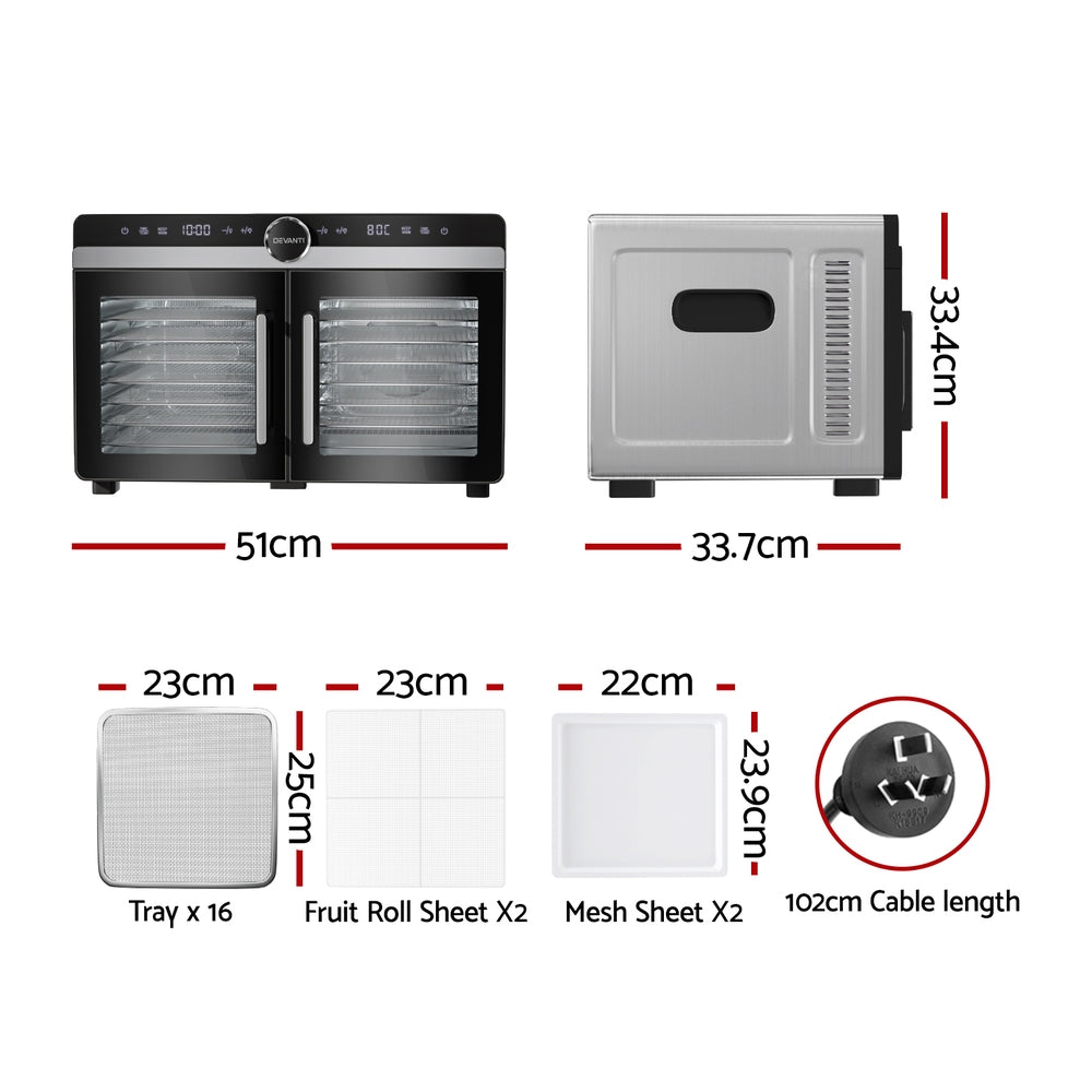 Devanti Dual-Zone Food Dehydrator, 16 Stainless Steel Trays, 1400W, Glass Door