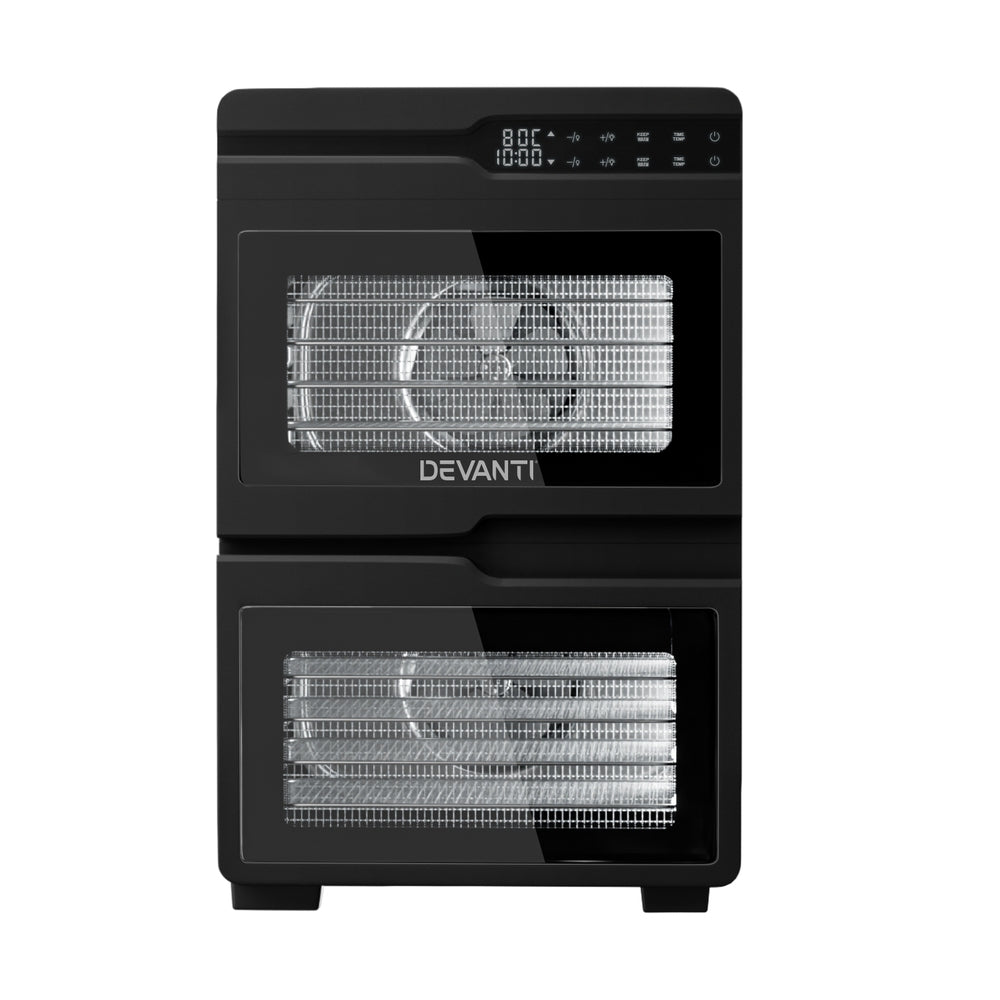 Devanti Dual-Zone Food Dehydrator, 12 Stainless Steel Trays, 1200W, Glass Door