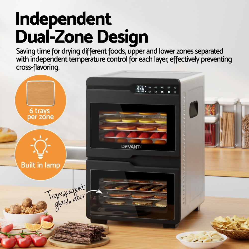 Devanti Dual-Zone Food Dehydrator, 12 Stainless Steel Trays, 1200W, Glass Door