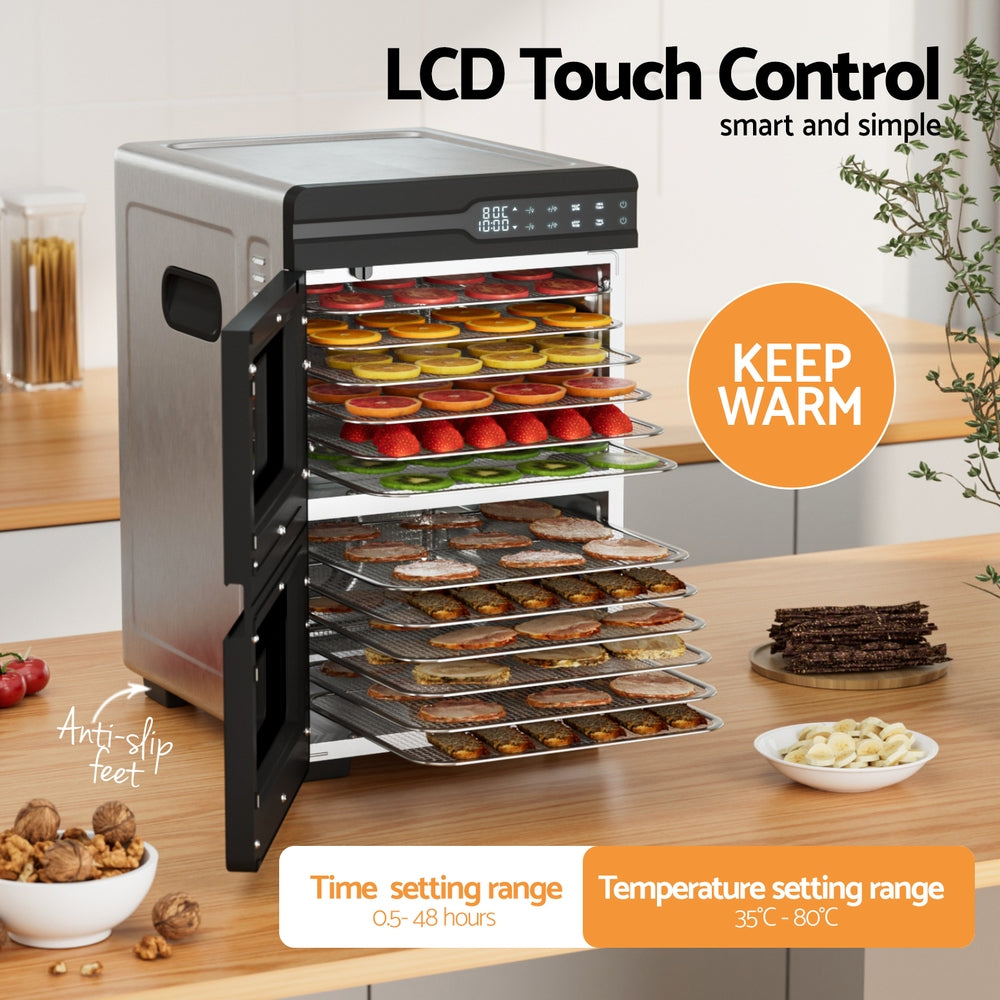 Devanti Dual-Zone Food Dehydrator, 12 Stainless Steel Trays, 1200W, Glass Door
