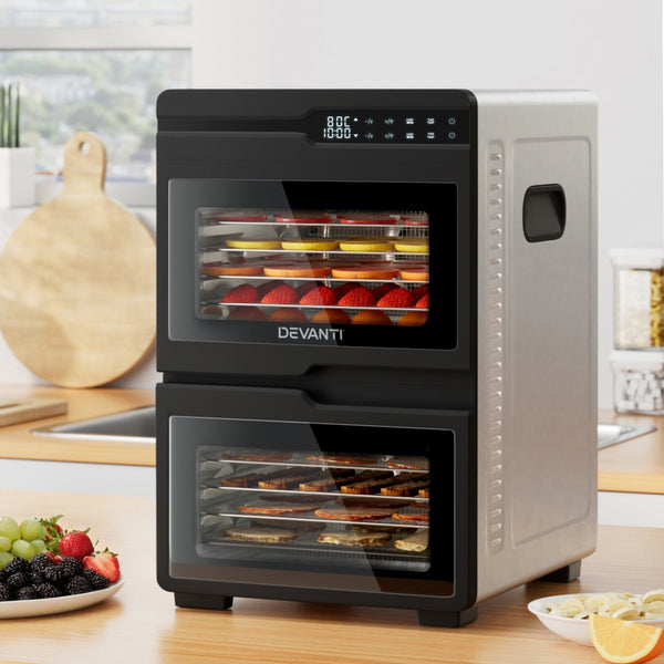 Devanti Dual-Zone Food Dehydrator, 12 Stainless Steel Trays, 1200W, Glass Door