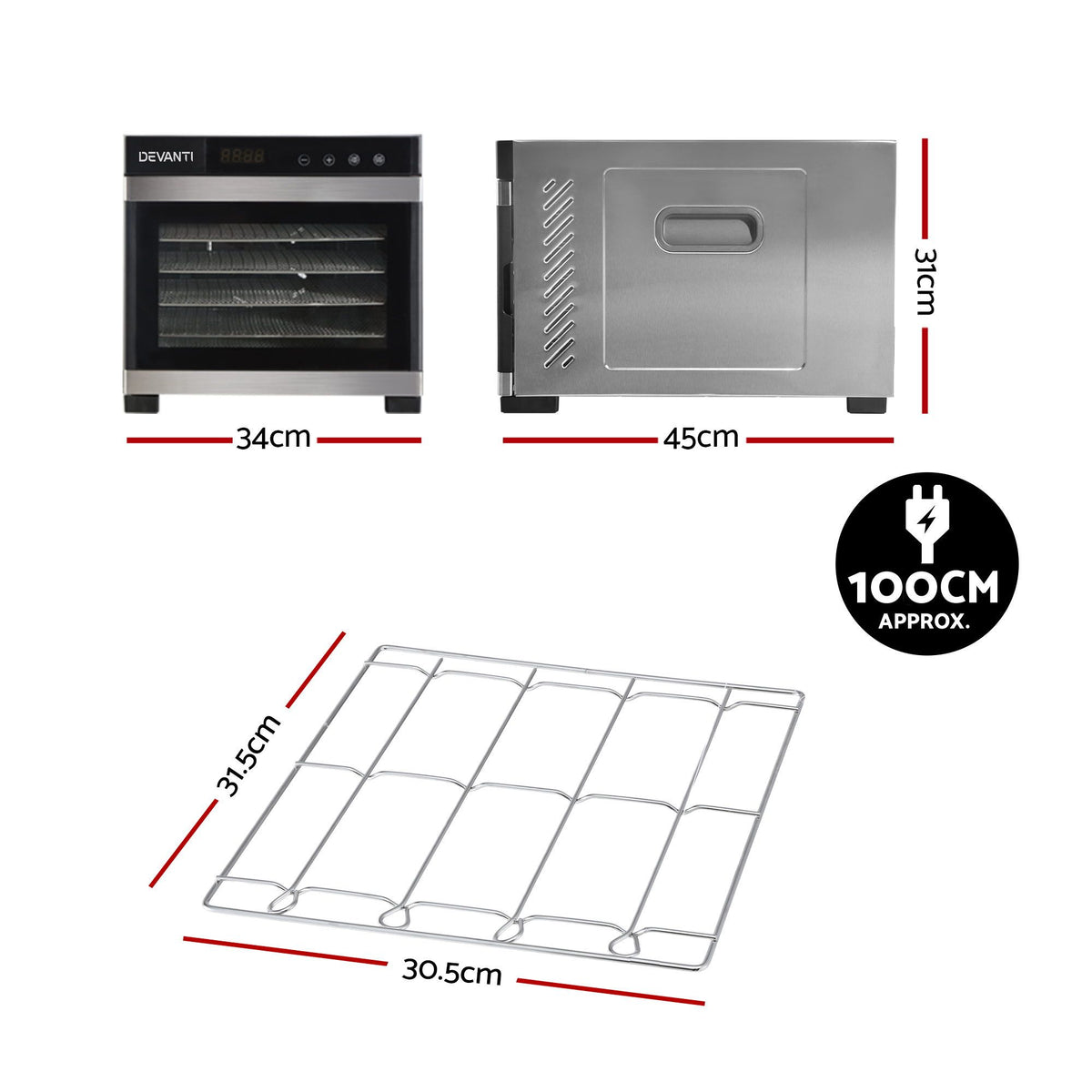 Devanti Food Dehydrator, 6 Stainless Steel Trays, 500W, Steel Body, Hanging Rack
