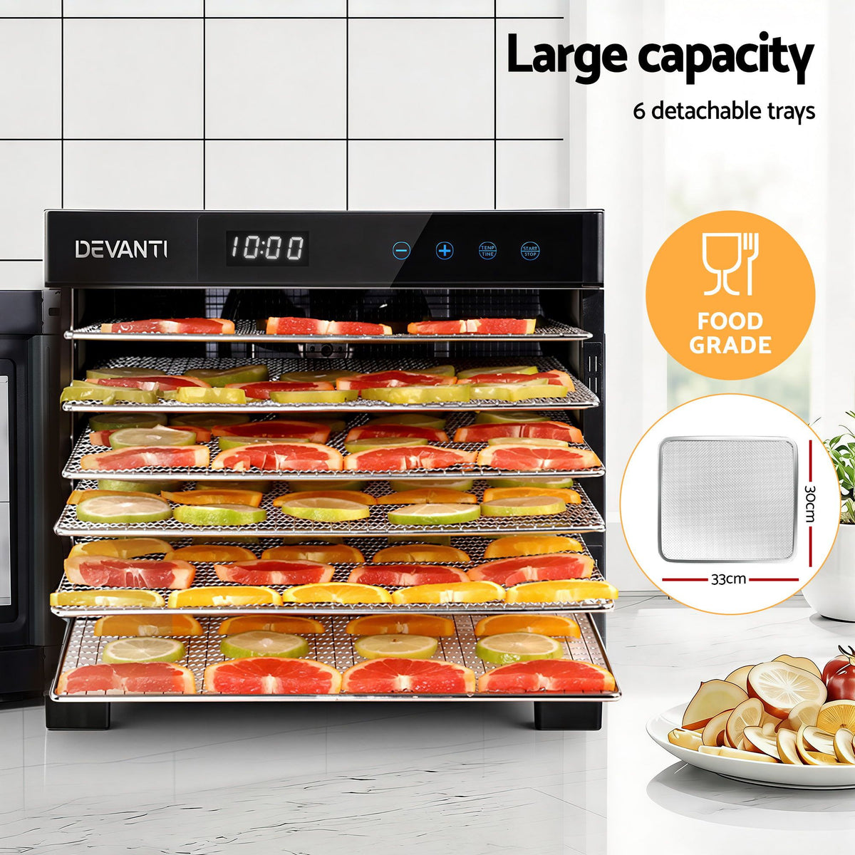 Devanti Food Dehydrator, 6 Stainless Steel Trays, 500W, Steel Body, Hanging Rack