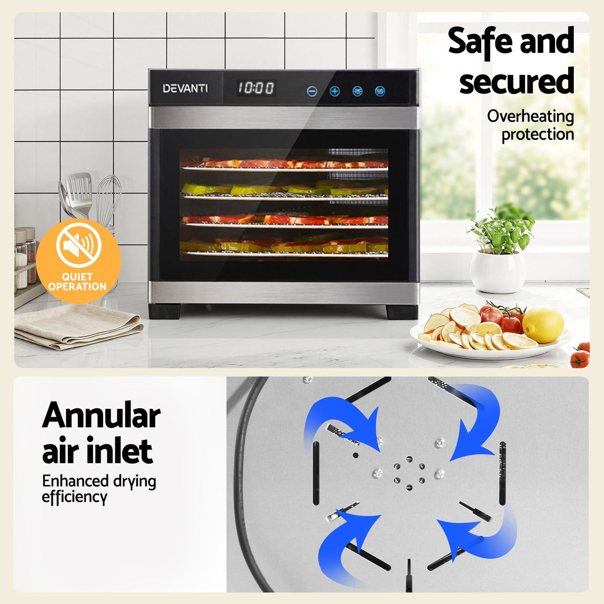Devanti Food Dehydrator, 6 Stainless Steel Trays, 500W, Steel Body, Hanging Rack