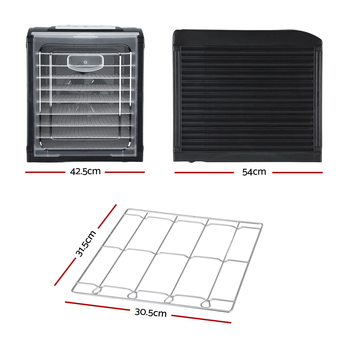 Devanti Food Dehydrator, 9 Stainless Steel Trays, 700W, Clear Door, Hanging Rack