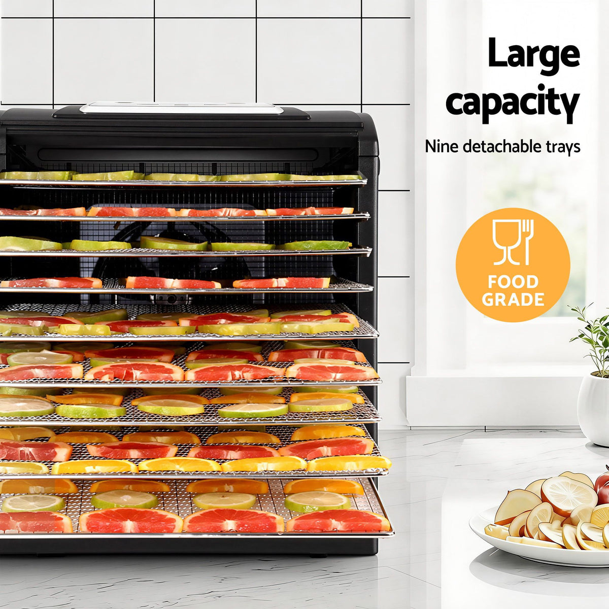 Devanti Food Dehydrator, 9 Stainless Steel Trays, 700W, Clear Door, Hanging Rack