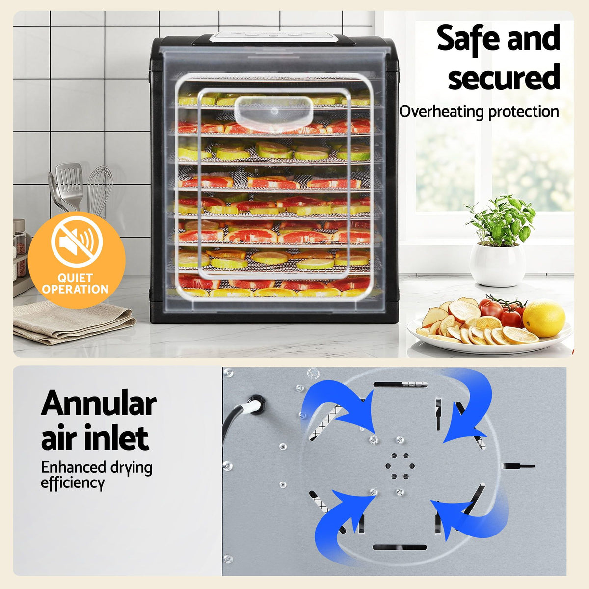 Devanti Food Dehydrator, 9 Stainless Steel Trays, 700W, Clear Door, Hanging Rack