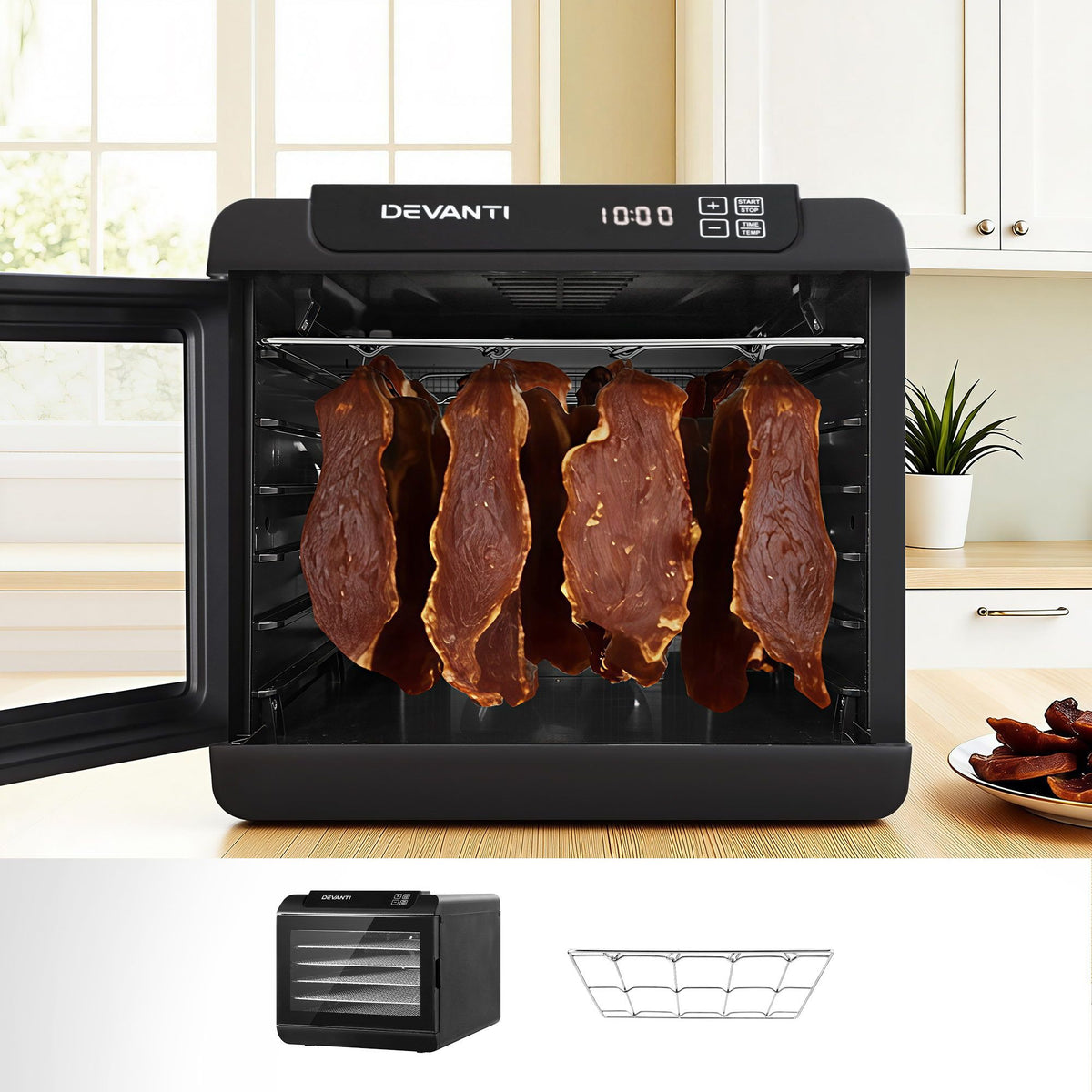 Devanti Food Dehydrator, 6 Stainless Steel Trays, 500W, Glass Door, Hanging Rack