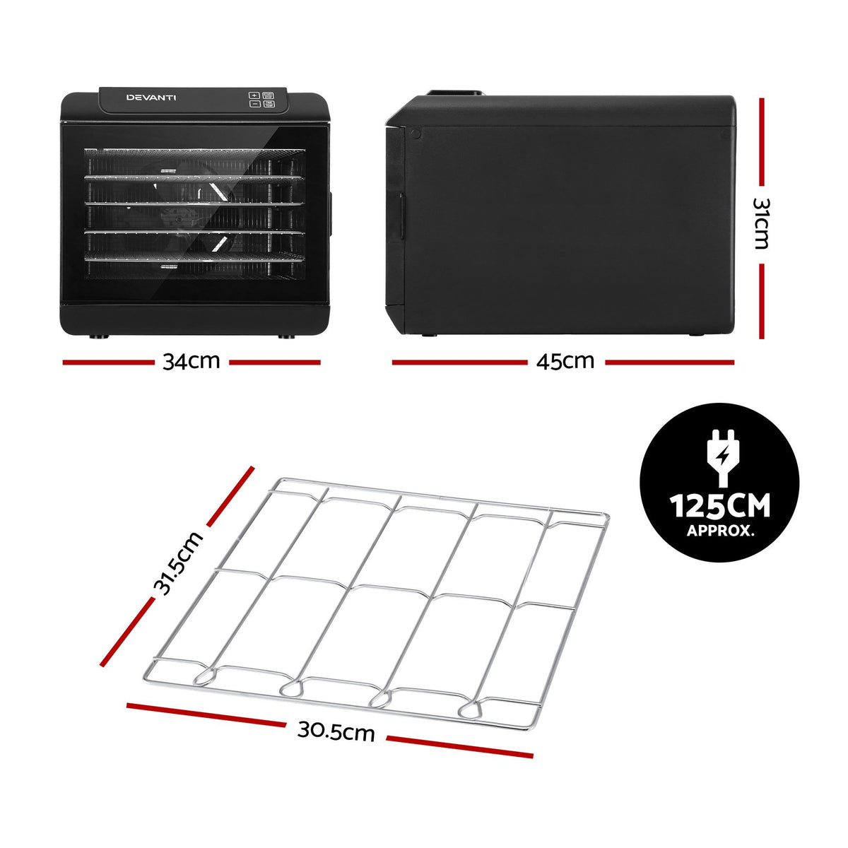 Devanti Food Dehydrator, 6 Stainless Steel Trays, 500W, Glass Door, Hanging Rack