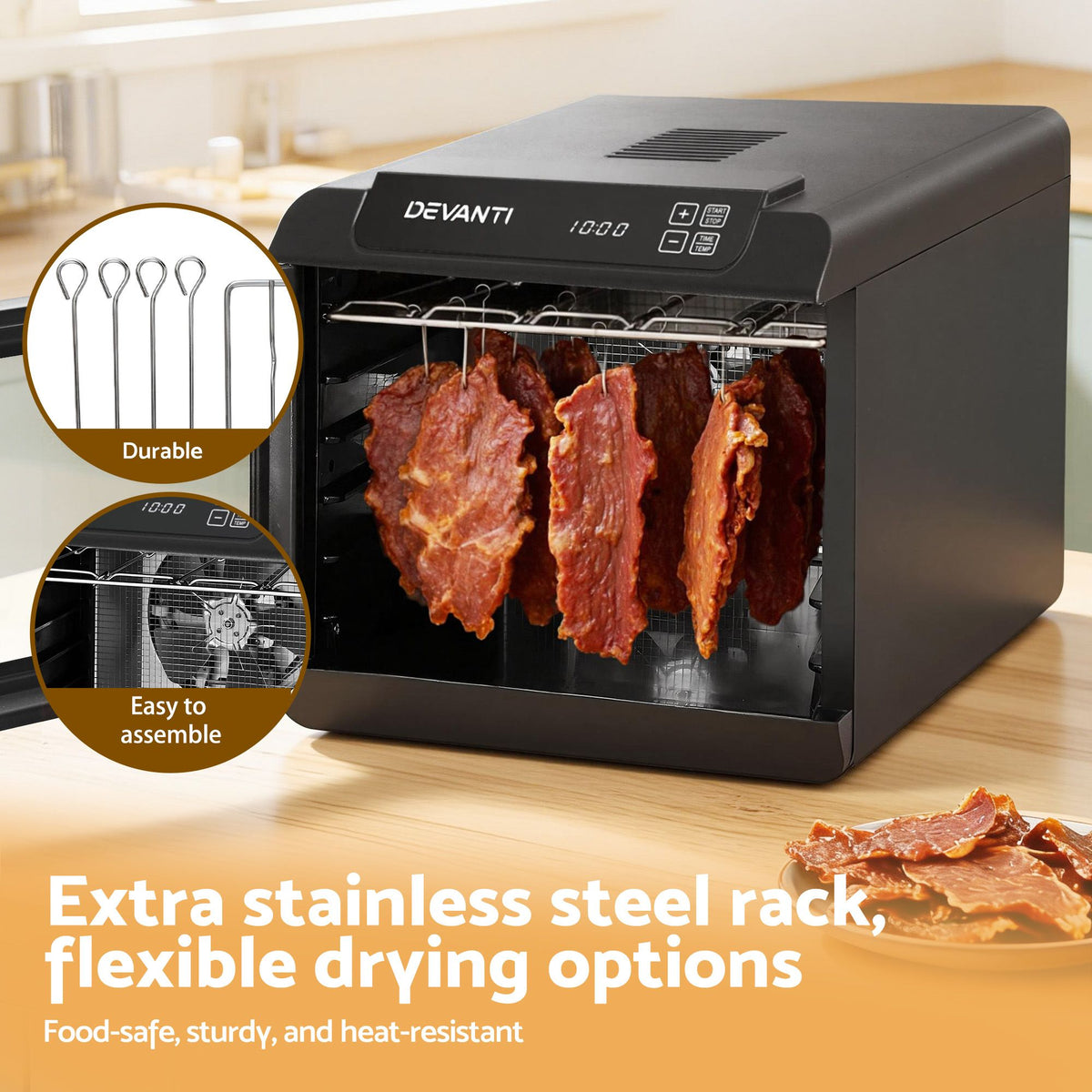 Devanti Food Dehydrator, 6 Stainless Steel Trays, 500W, Glass Door, Hanging Rack