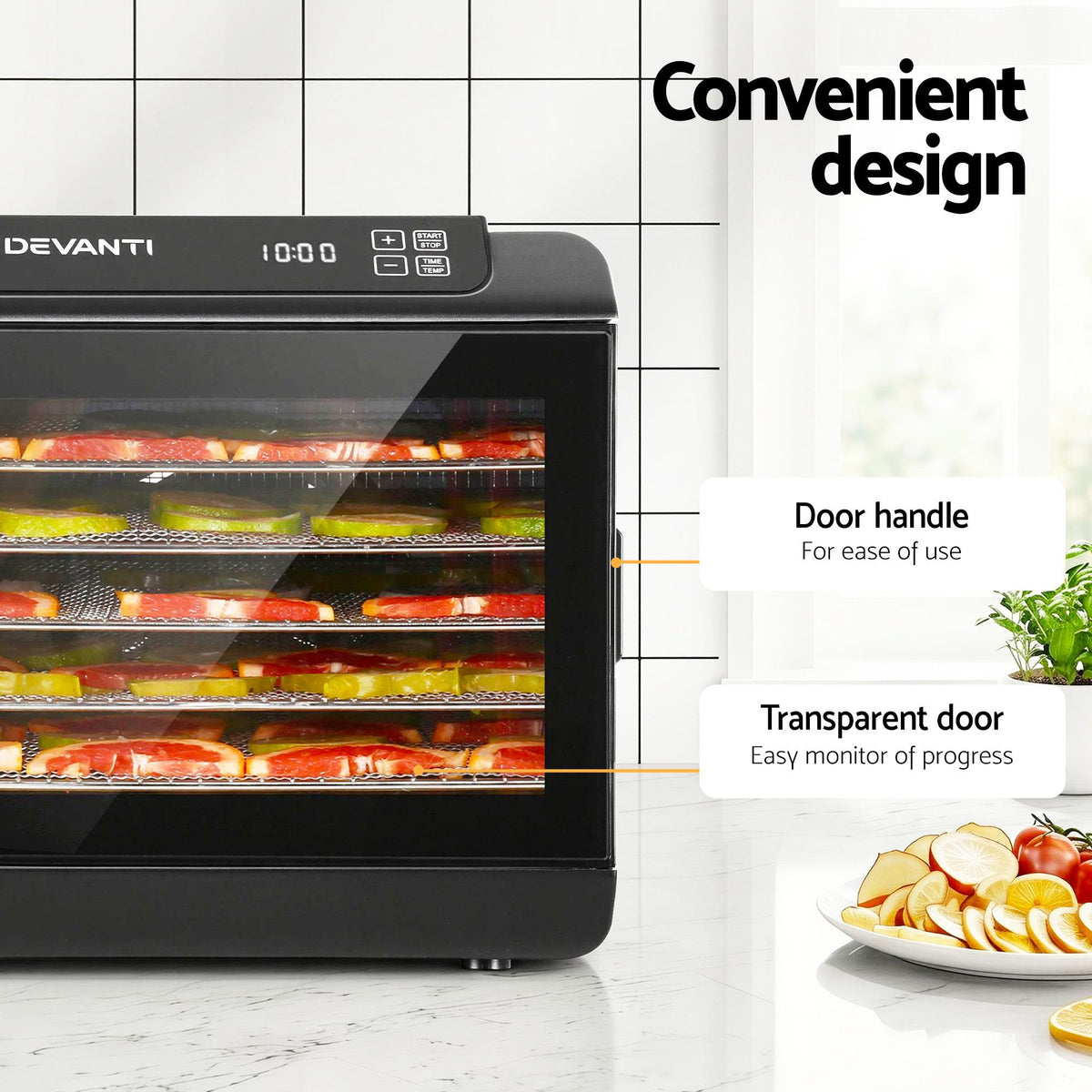 Devanti Food Dehydrator, 6 Stainless Steel Trays, 500W, Glass Door, Hanging Rack