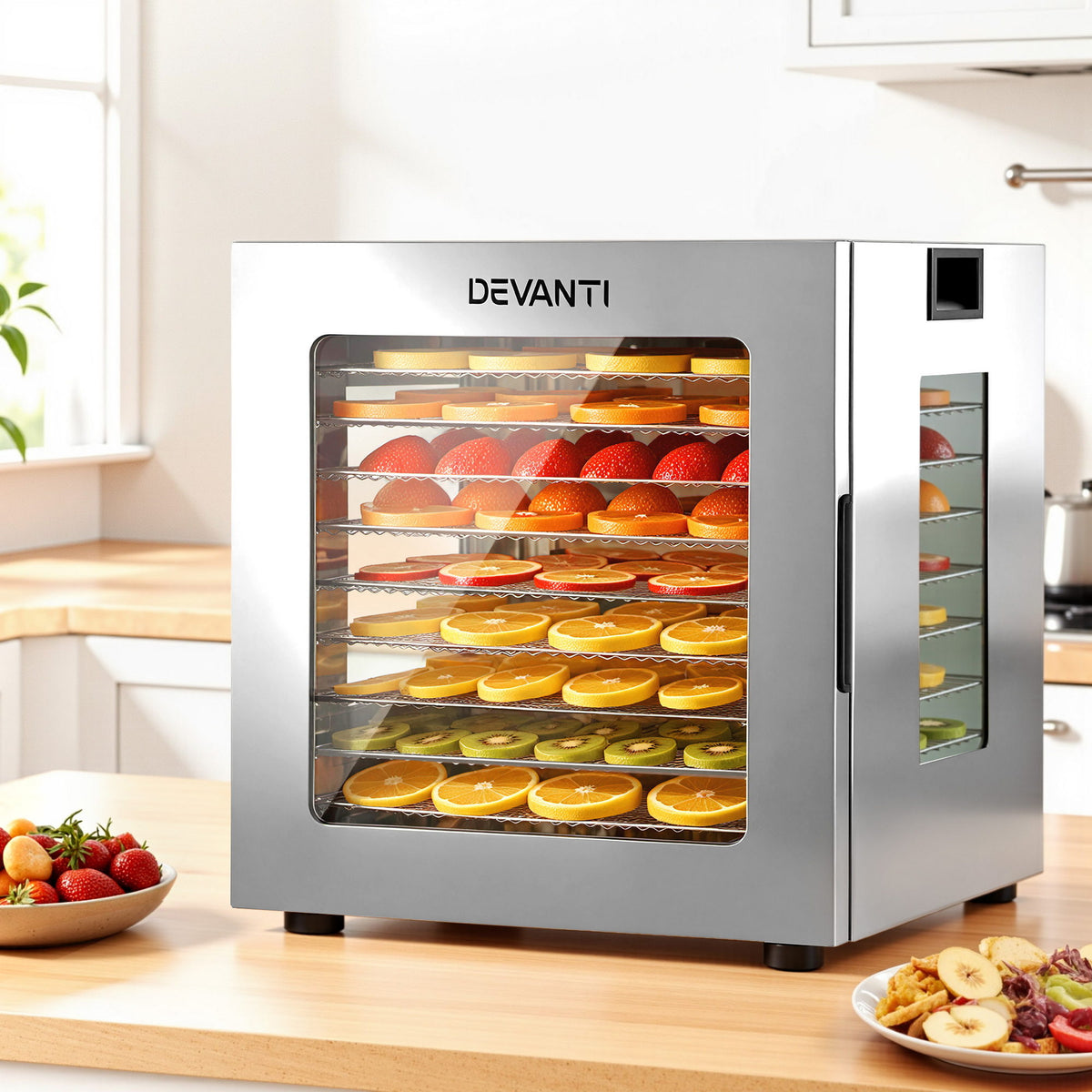 Devanti Food Dehydrator, 10 Stainless Steel Trays, 850W, Glass Door, 10 Presets