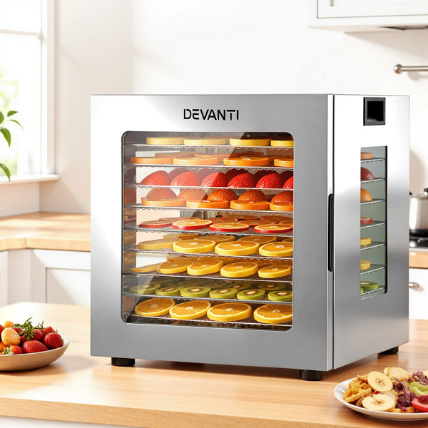 Devanti Food Dehydrator, 10 Stainless Steel Trays, 850W, Glass Door, 10 Presets