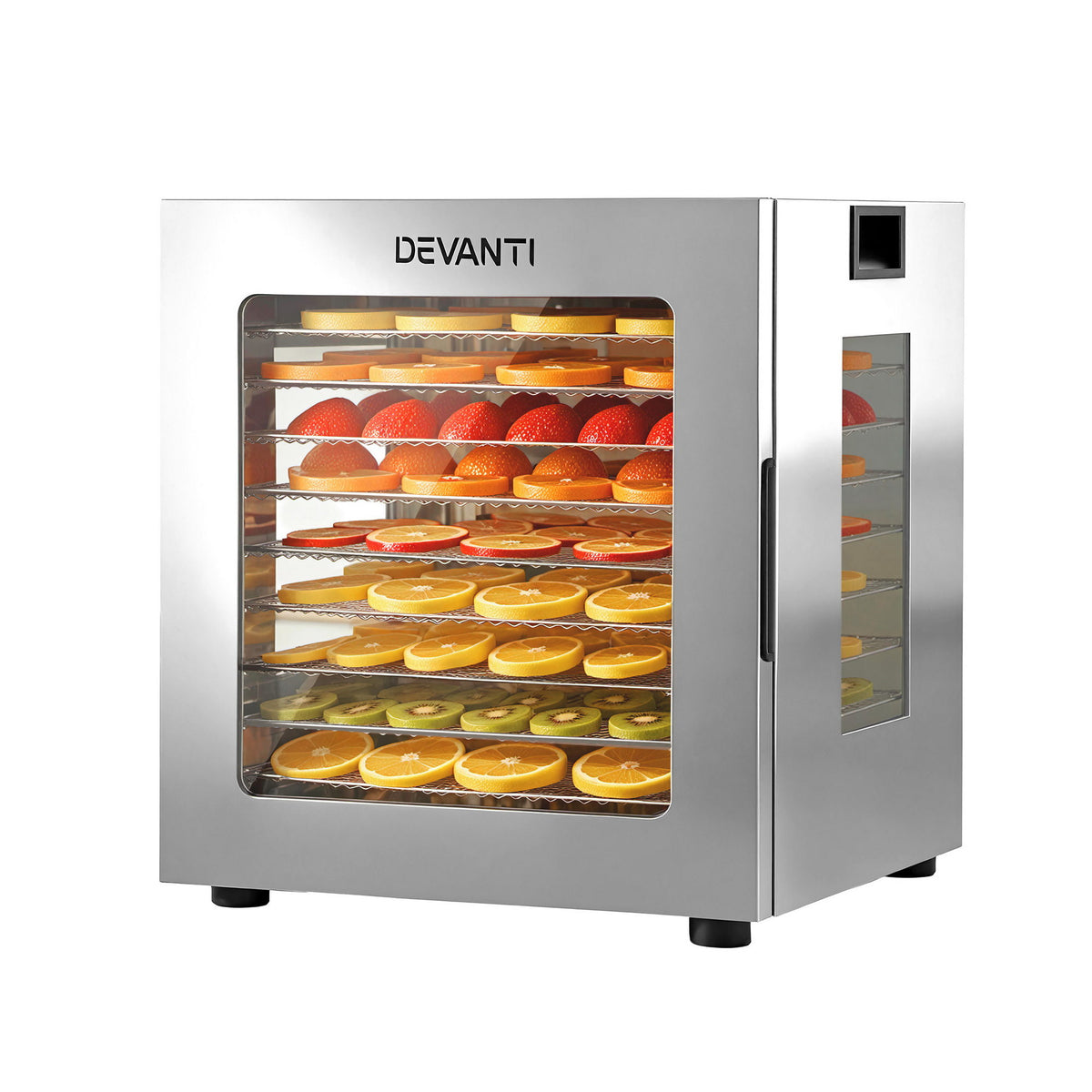Devanti Food Dehydrator, 10 Stainless Steel Trays, 850W, Glass Door, 10 Presets