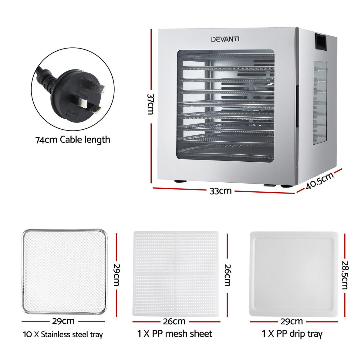 Devanti Food Dehydrator, 10 Stainless Steel Trays, 850W, Glass Door, 10 Presets