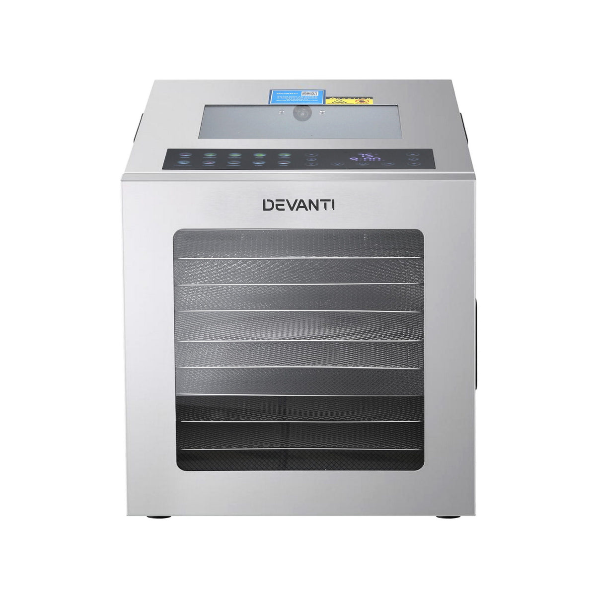 Devanti Food Dehydrator, 10 Stainless Steel Trays, 850W, Glass Door, 10 Presets