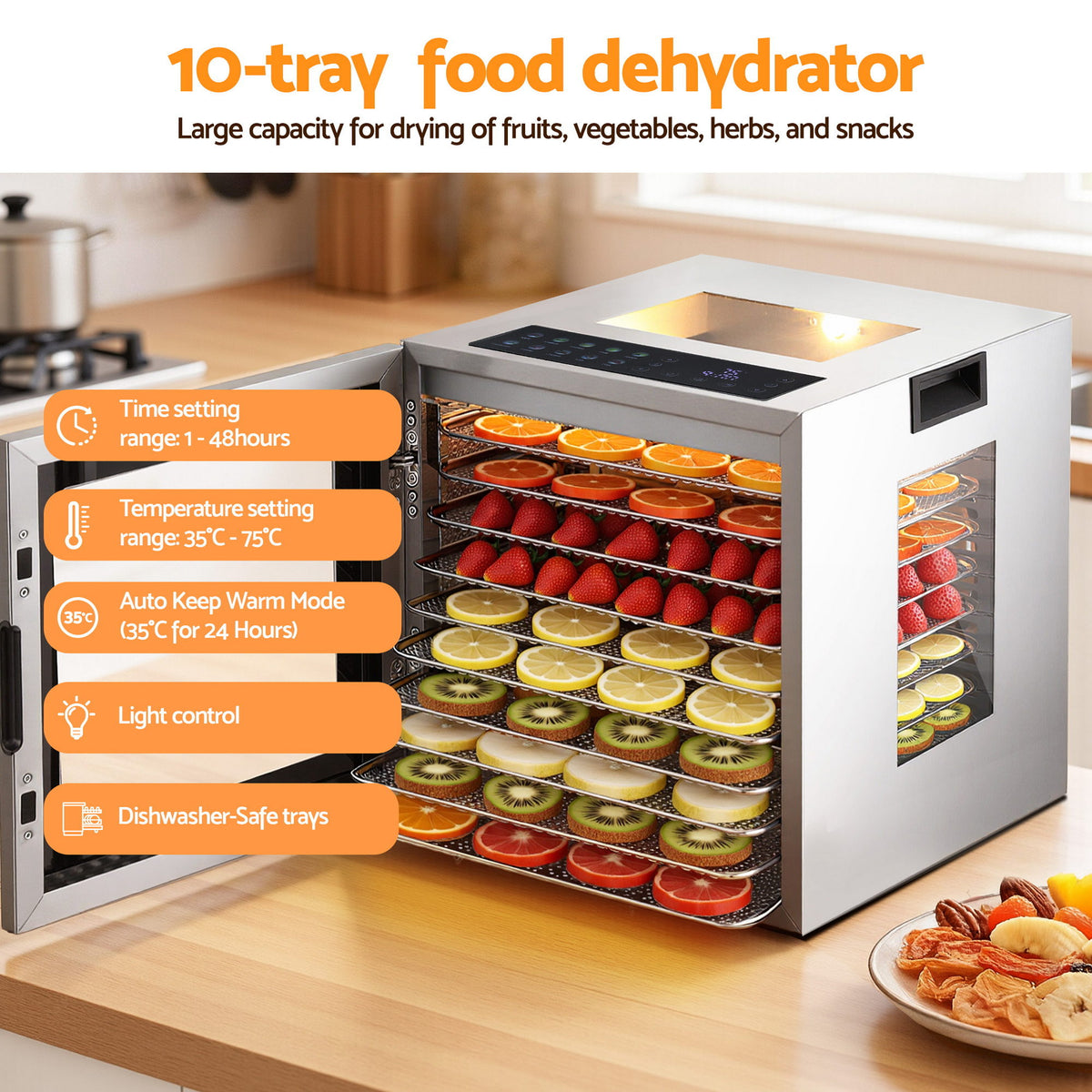 Devanti Food Dehydrator, 10 Stainless Steel Trays, 850W, Glass Door, 10 Presets