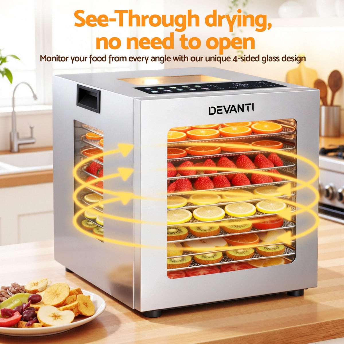 Devanti Food Dehydrator, 10 Stainless Steel Trays, 850W, Glass Door, 10 Presets