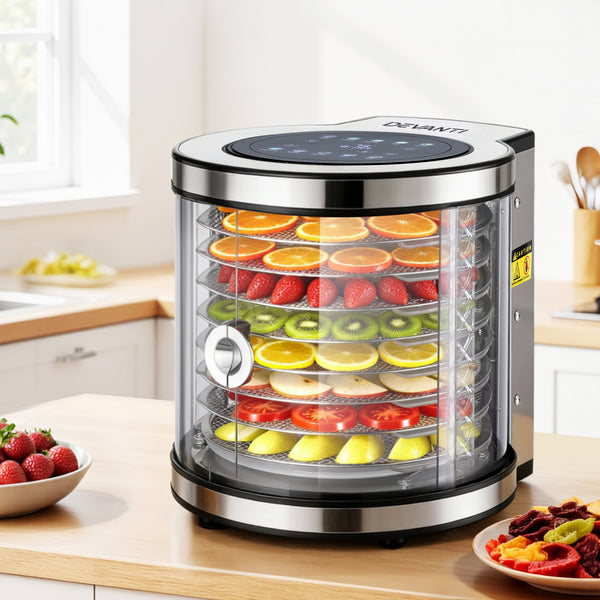 Devanti Food Dehydrator, 8 Stainless Steel Trays, 700W, Auto-Rotate, 10 Presets