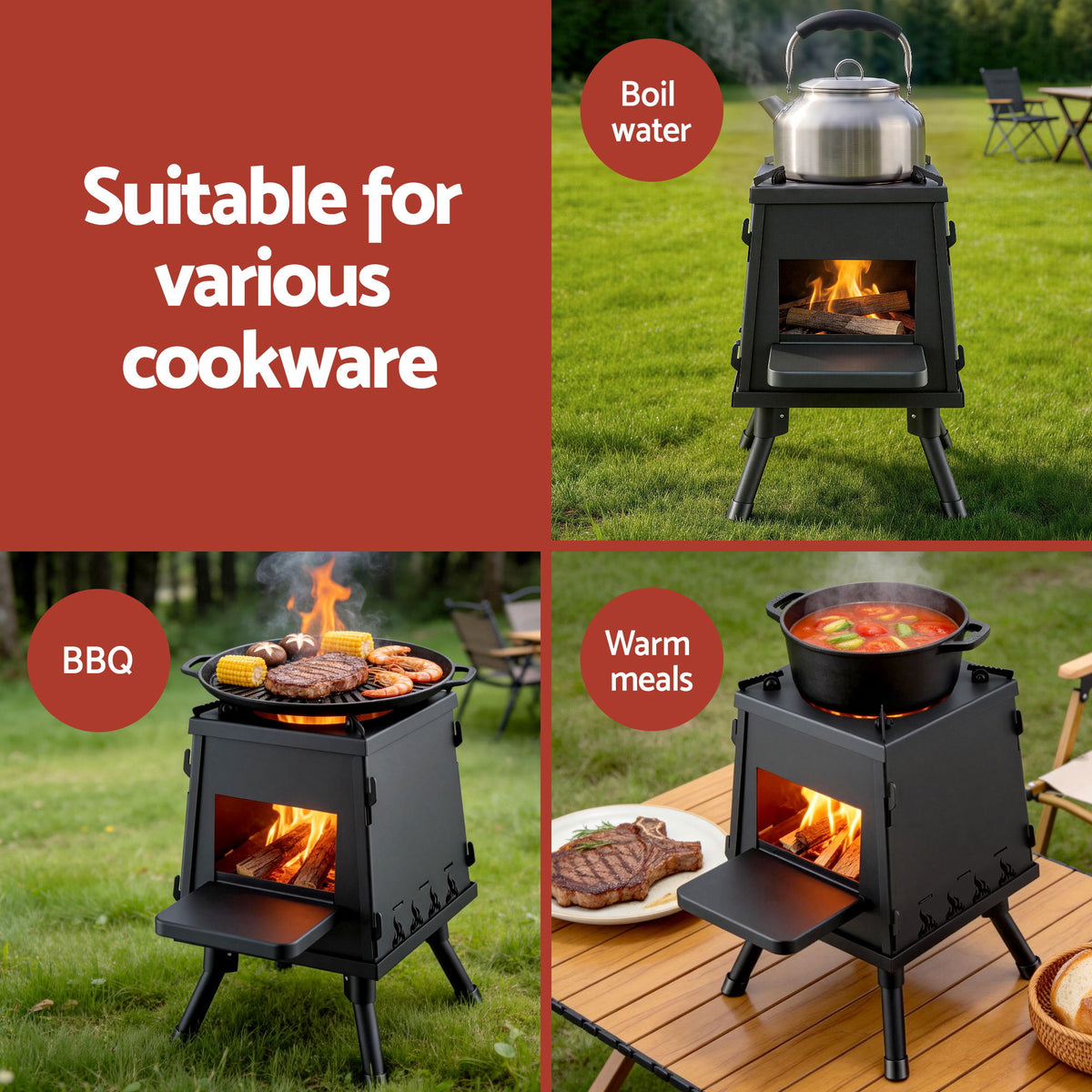 Grillz Portable Wood and Charcoal Stove, Foldable, with Carry Bag