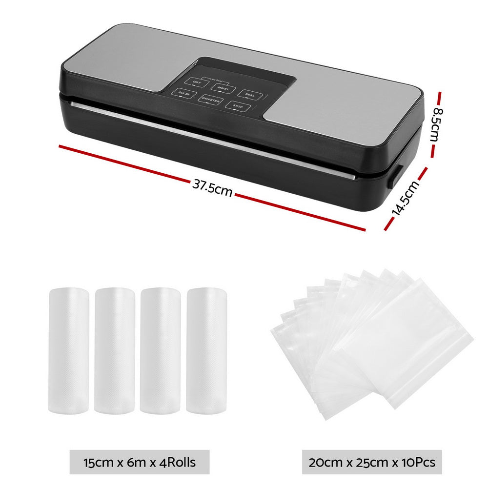 Devanti Food Vacuum Sealer, 5 Modes, Slide Cutter, Black, with 4 Bag Rolls (15cm)