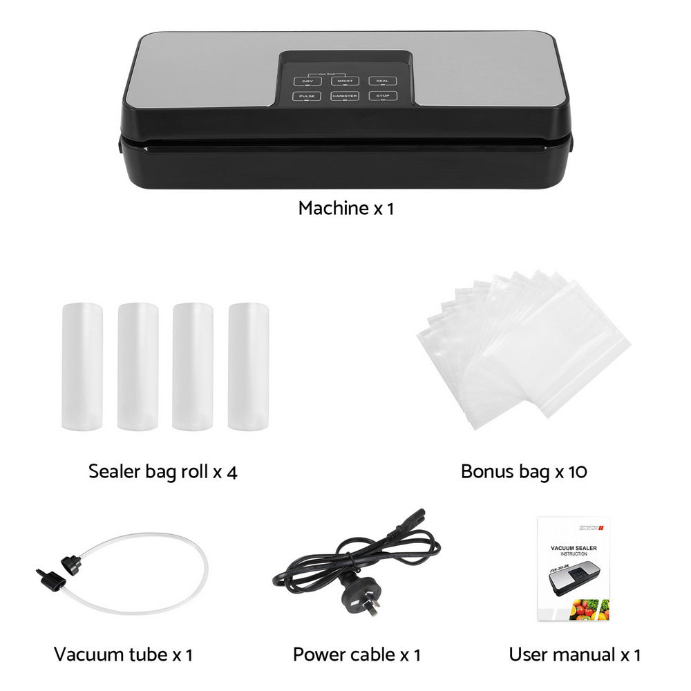 Devanti Food Vacuum Sealer, 5 Modes, Slide Cutter, Black, with 4 Bag Rolls (15cm)