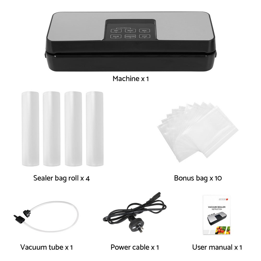 Devanti Food Vacuum Sealer, 5 Modes, Slide Cutter, Black, with 4 Bag Rolls (28cm)