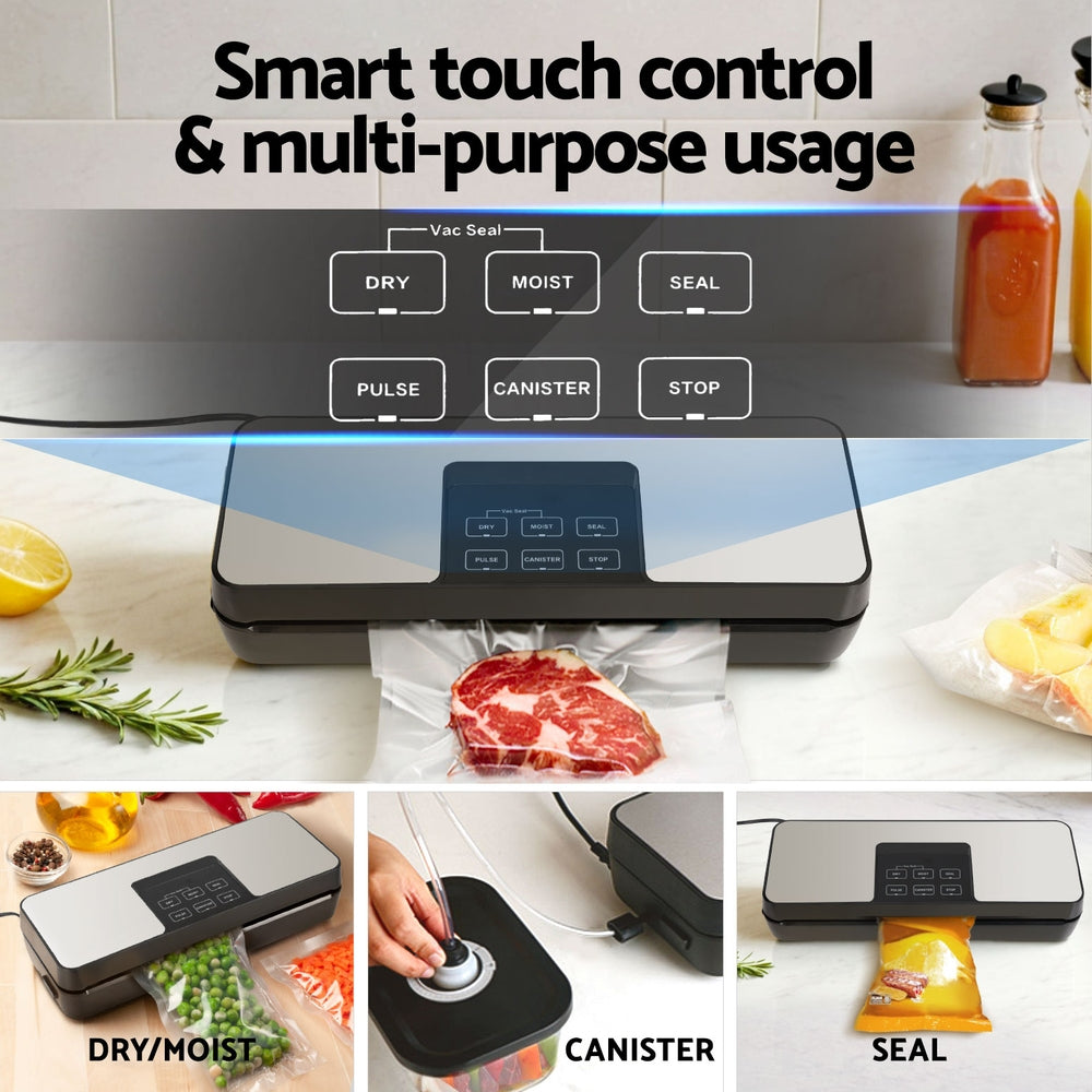 Devanti Food Vacuum Sealer, 5 Modes, Slide Cutter, Black, with 4 Bag Rolls (28cm)
