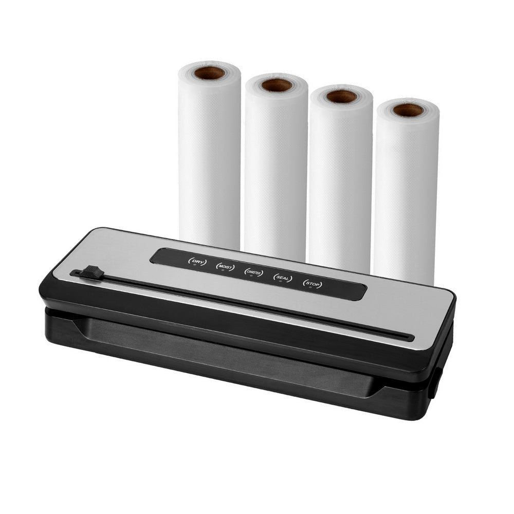 Devanti Food Vacuum Sealer, 4 Modes, 32cm Seal Bar, Black, with 4 Bag Rolls (28cm)