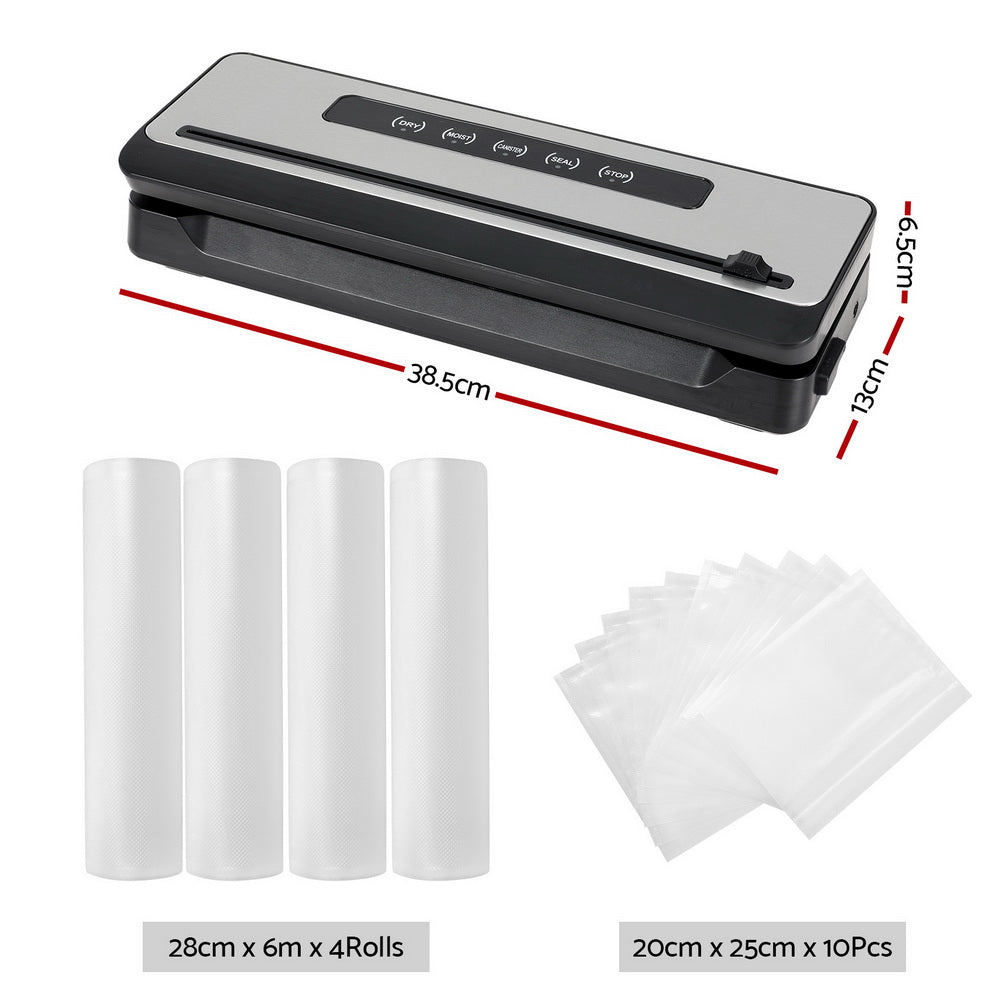 Devanti Food Vacuum Sealer, 4 Modes, 32cm Seal Bar, Black, with 4 Bag Rolls (28cm)