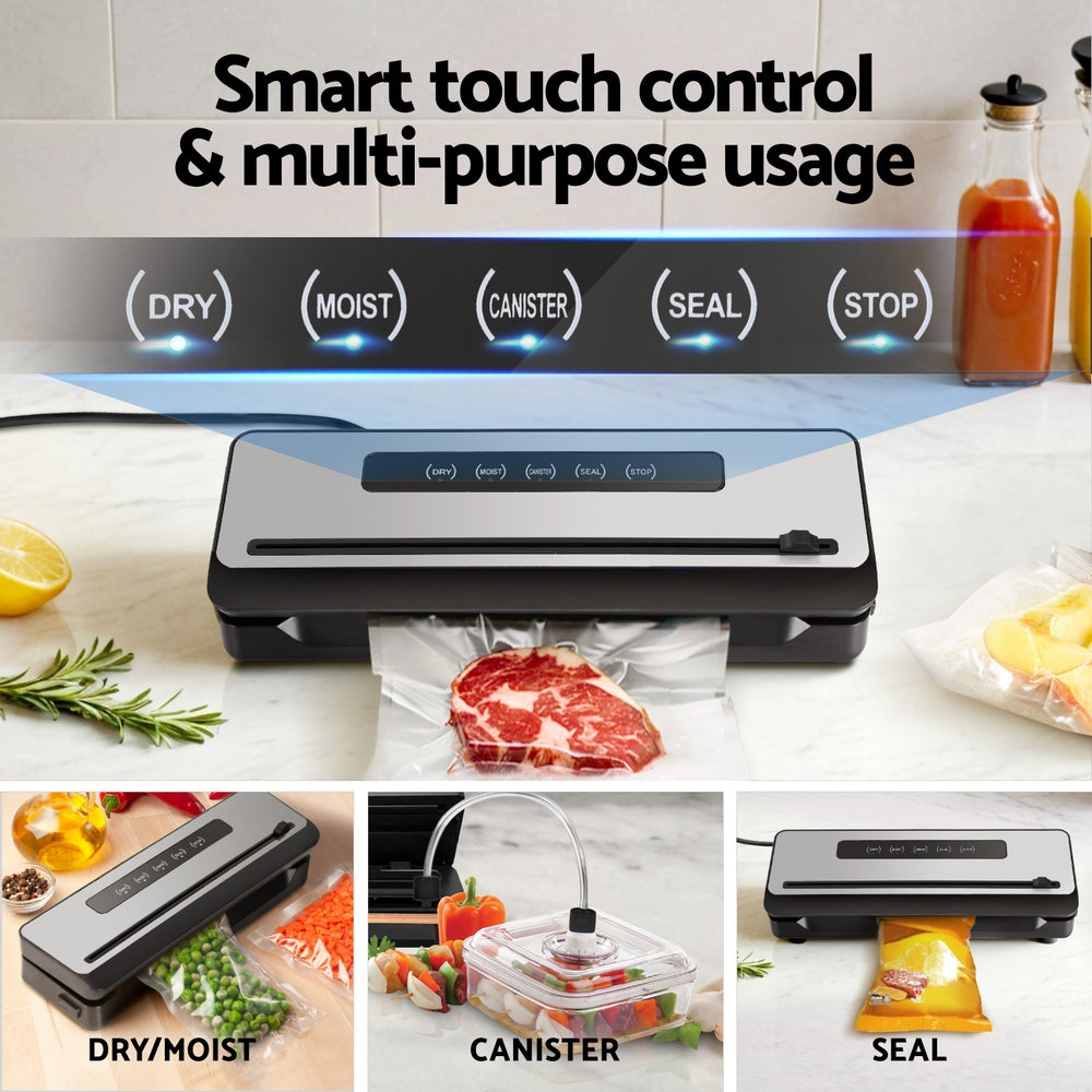 Devanti Food Vacuum Sealer, 4 Modes, 32cm Seal Bar, Black, with 4 Bag Rolls (28cm)