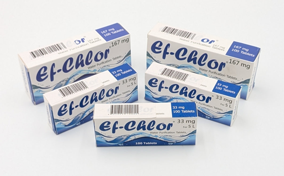 EF-Chlor Water Purification Tablets - 3.5mg, 33mg, and 167mg - PrepPro Australia